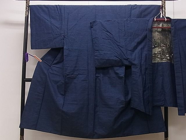 平和屋1男性　紬　アンサンブル　青藍色　逸品　CAAF0407dy