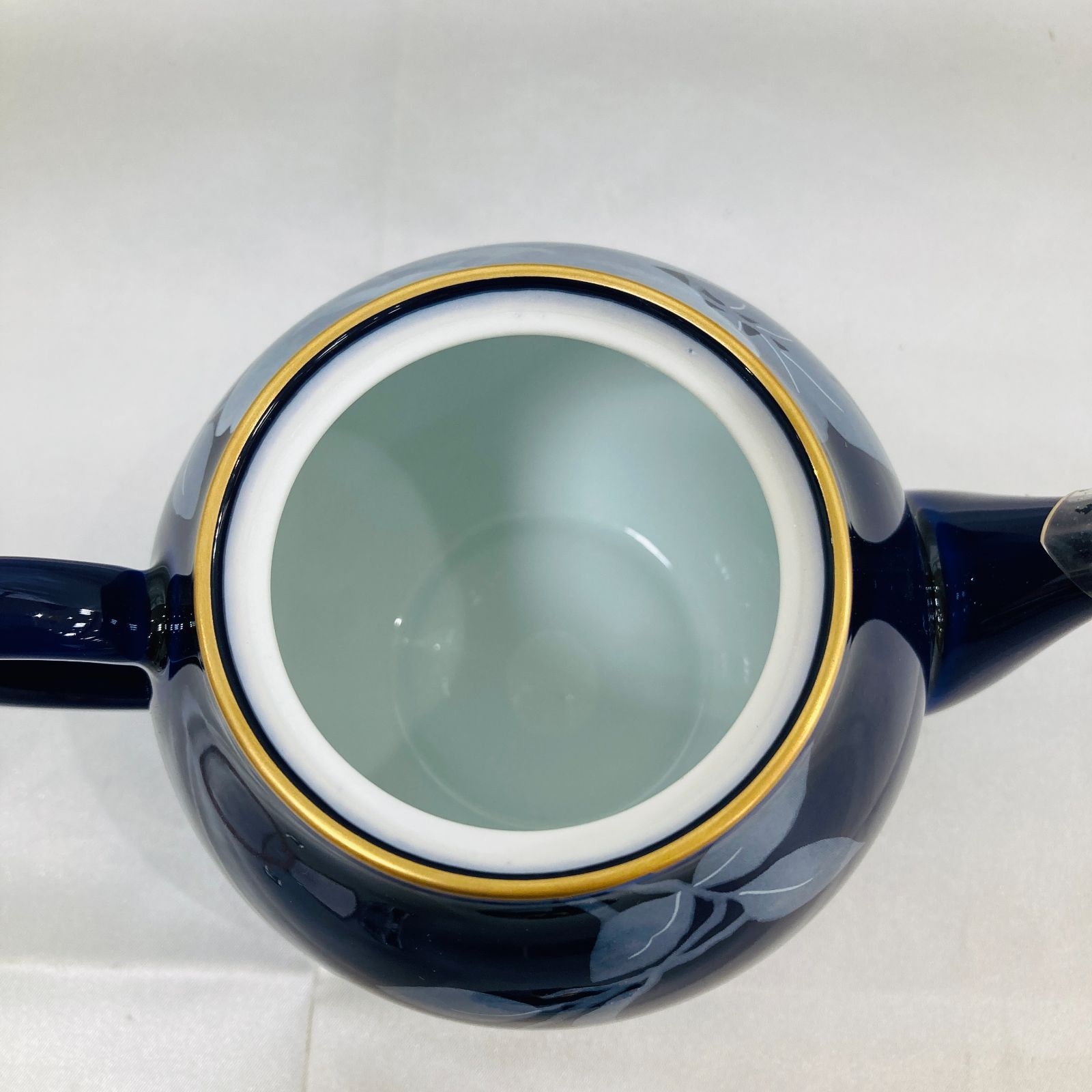 A【美品】香蘭社 瑠璃色 白薔薇 バラ 急須 湯呑み 2客 茶の間 箱