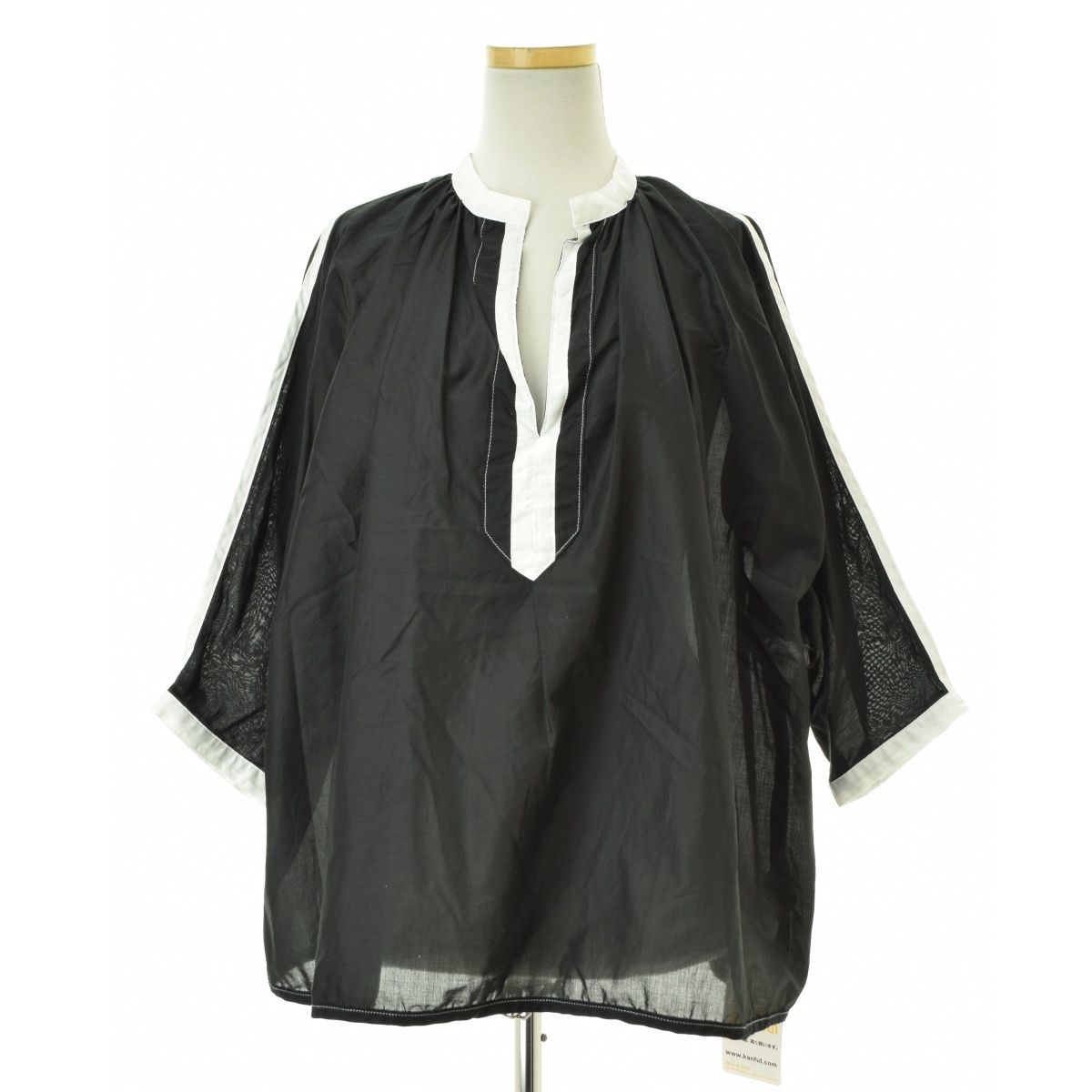 【ARTEPOVERA】120/2 スーピマコットン ローン 配色 ギャザー ドルマン シャツ七分袖ブラウス ARTE POVERA｜120/2 スーピマコットン ローン 配色 ギャザー ドルマン