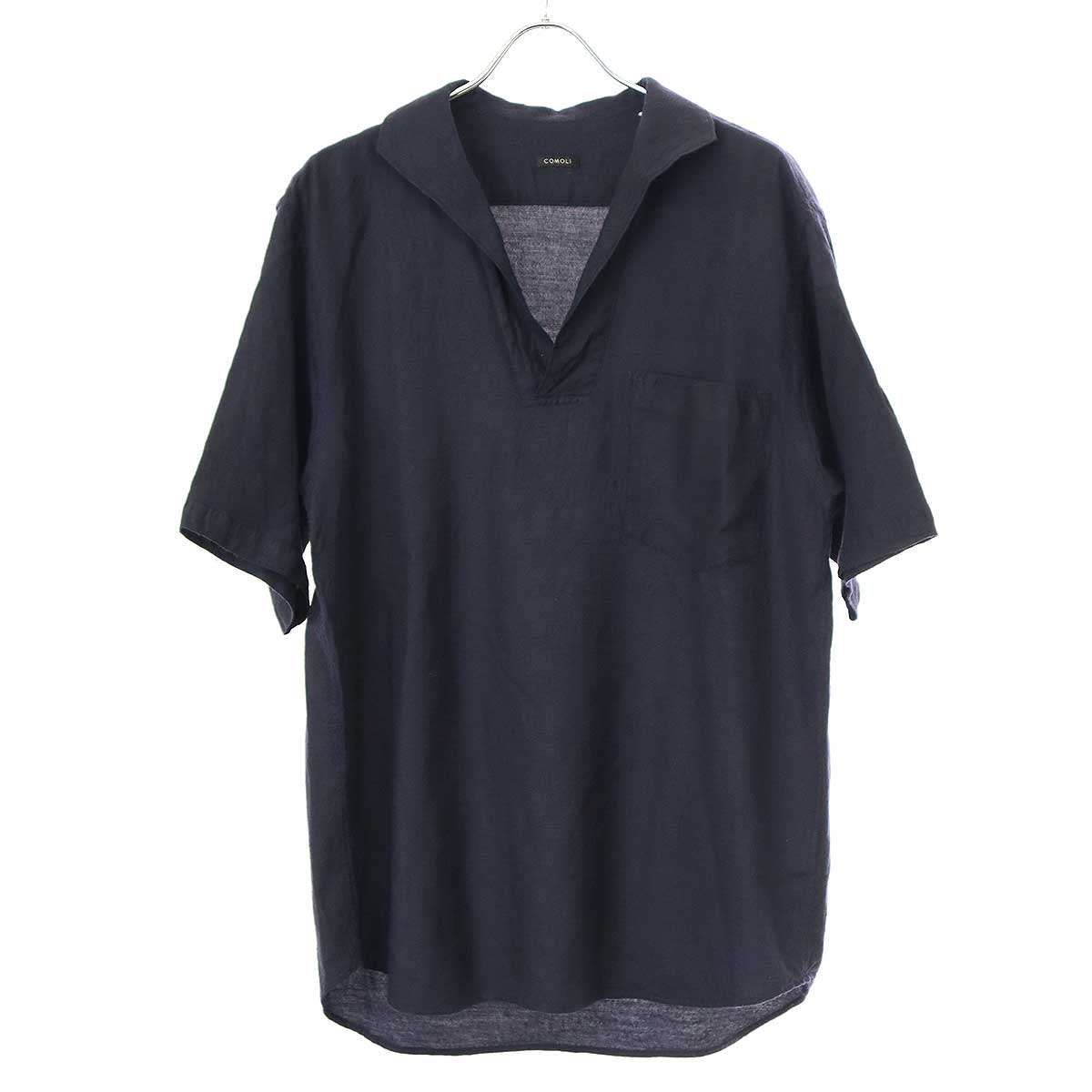 COMOLI ウールシルクスキッパーシャツ 半袖 サイズ2 ネイビー comoli