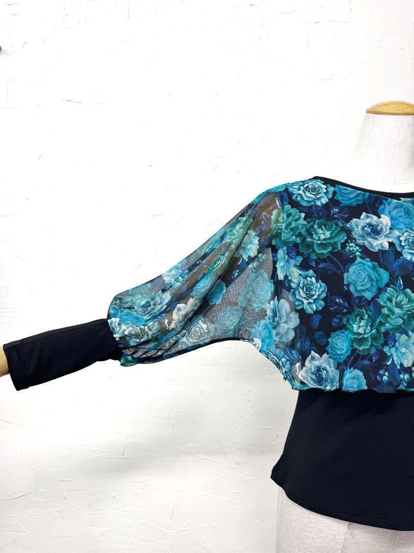 TAKAダンス Mサイズ社交ダンスブルー花柄カットソー837