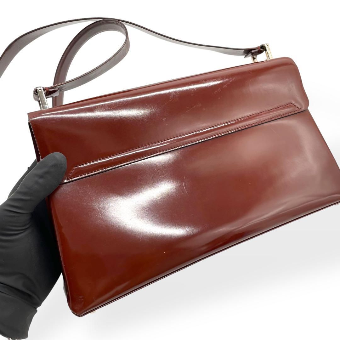 良品 GUCCI グッチ ショルダーバッグ エナメル レザー ボルドー