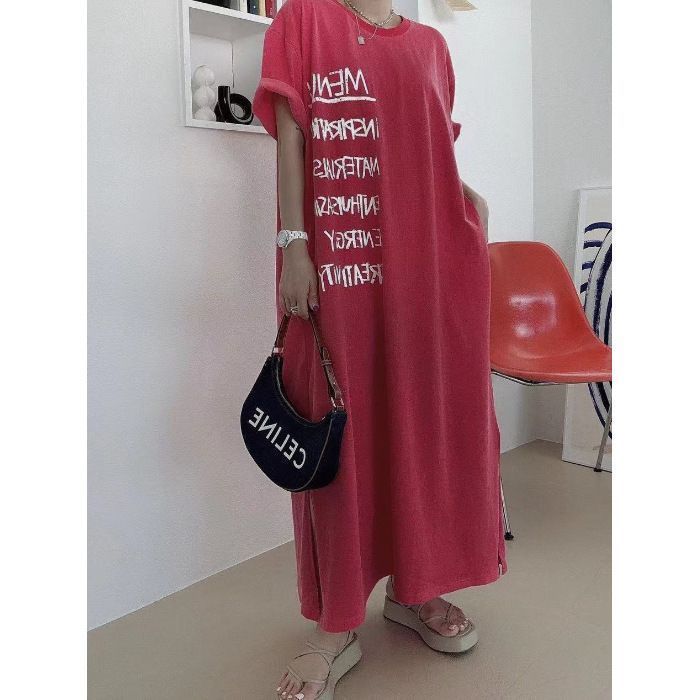 tシャツ プリントスリットクルーネックロングワンピース レディース Tシャツワンピ ロングワンピース 半袖 英字プリント レディース