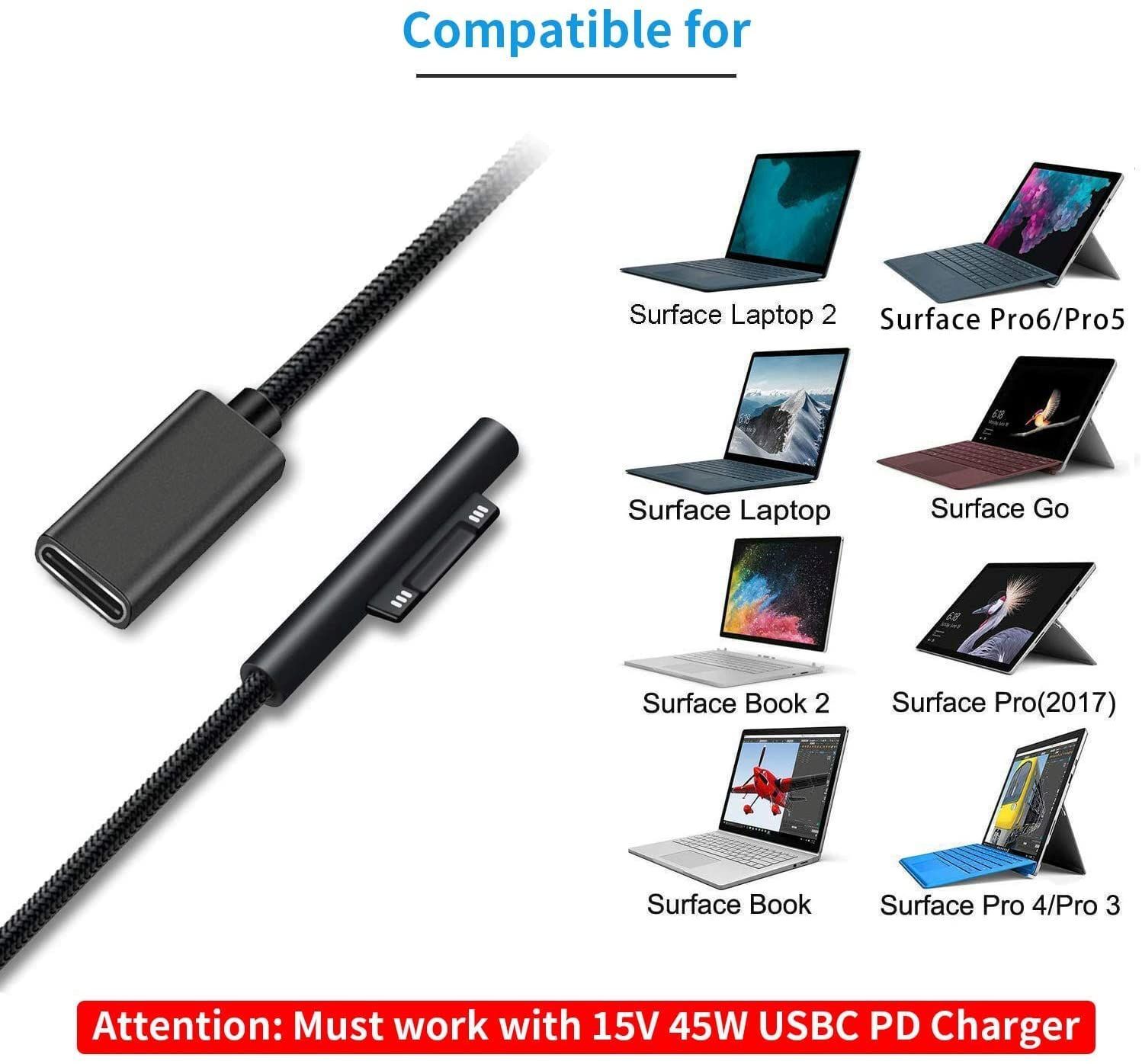 Surface Pro USB-C 充電ケーブル 15V PD充電対応 type C 45w15v以上のPDアダプターまたはPD充電器が必要です  1.5M (黒)