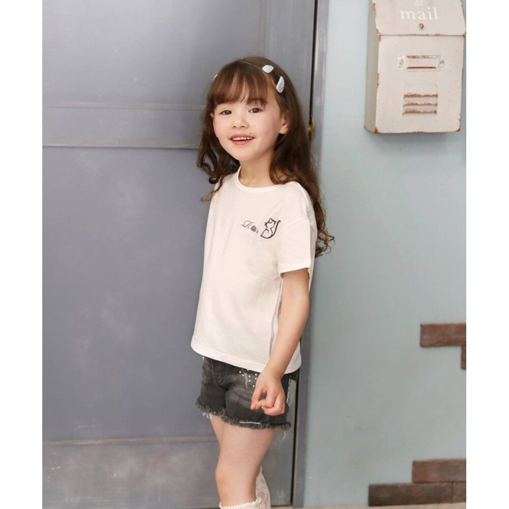 ホワイト  140cm  ミルキティ半袖ｔシャツ キッズ Tシャツ 半袖 女の子 カットソー 73062401 半袖Tシャツ 夏服 ねこ 猫 ネコ 刺繍 パール シンプル カジュアル 可愛い おしゃれ かわいい オシャレ 