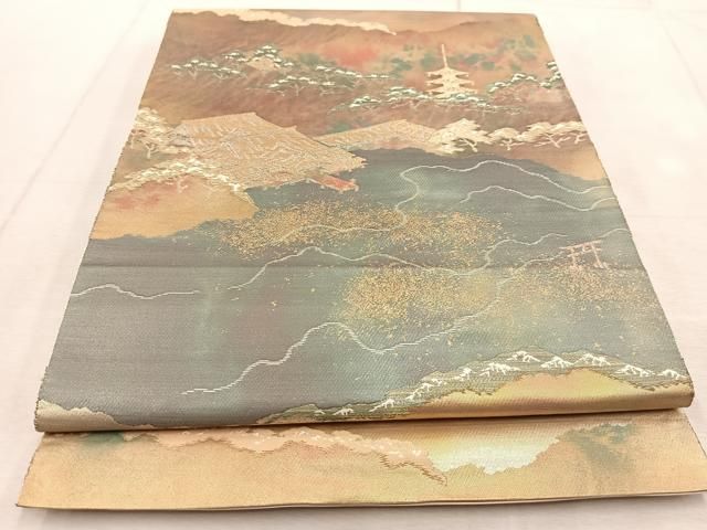 平和屋着物◎西陣 服部織物謹製 六通柄袋帯 厳島風景文 こはく錦 金