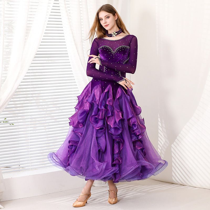 紫色 ビジュー装飾 社交ダンスドレス 紫 ビジュー装飾 ロングドレス