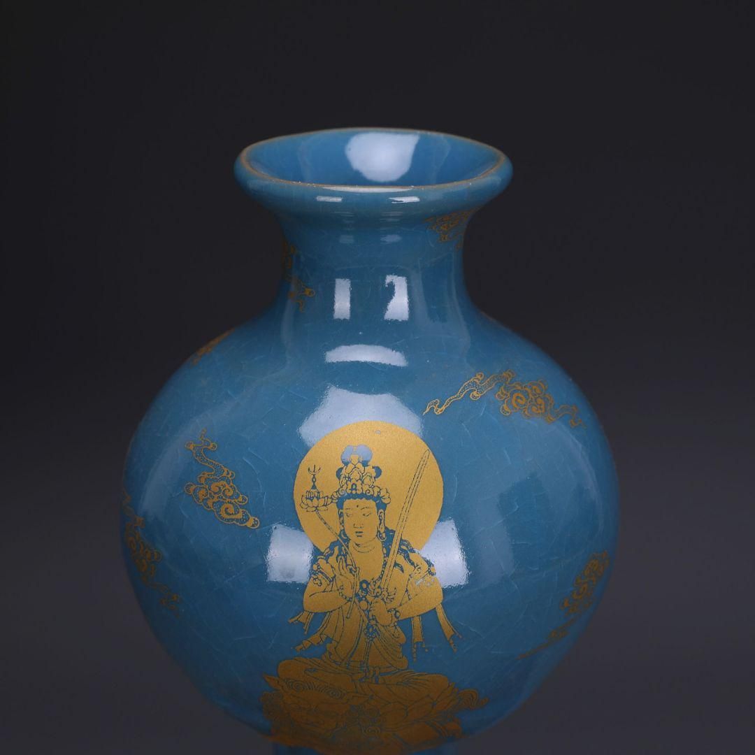 宋代汝窯天青釉蒔絵仏像紋梅瓶 景徳鎮 陶磁器 装飾品 現代工芸品