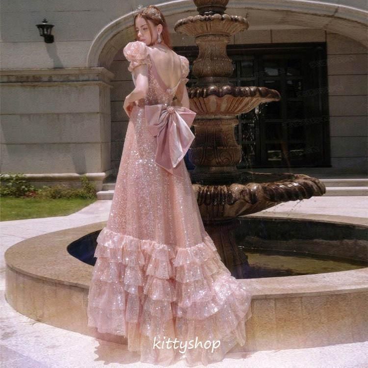 ピンク フリル ティアードドレス ロングドレス ドレス パーティドレス