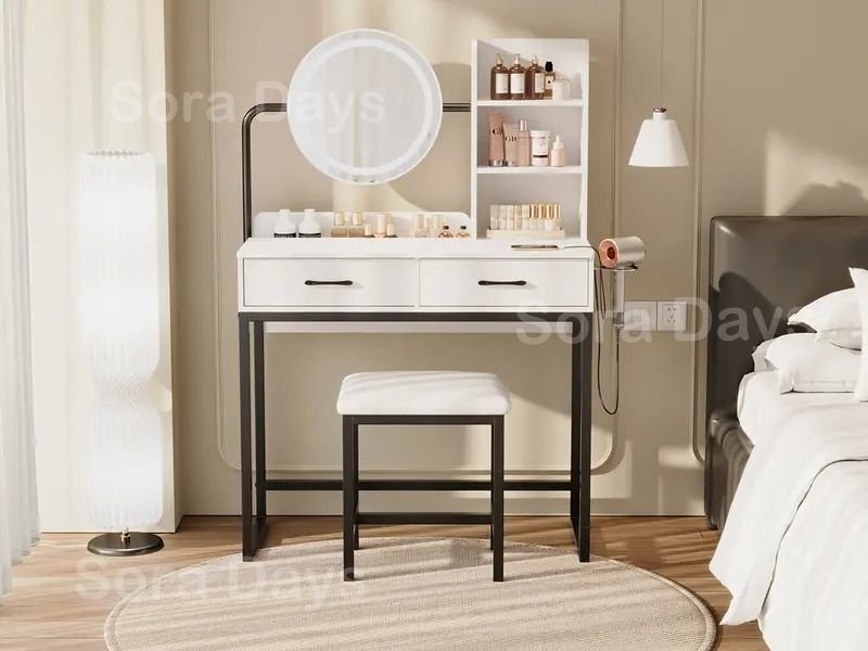 ドレッサー 化粧台 丸鏡 スツール セット おしゃれ かわいい シンプル 感 モダン ナチュラル クラシック インテリア 北欧 メイクデスク テーブル 鏡台 コンパクト 大容量 収納 子供 寝室 プレゼント ホワイト 引き出し ゴールド ピンク ブラック MARWIL-DEMENAGEMENTS_CH