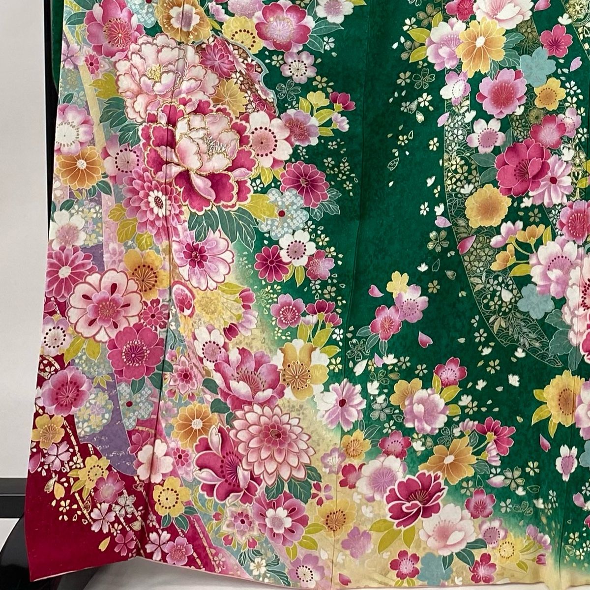 美品　正絹振袖　深緑　6点セット　裄丈68 163cm前後 振袖 レンタル フルセット 緑 グリーン シンプル 適応身長163cm
