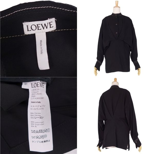 美品 ロエベ LOEWE シャツ ブラウス ロングスリーブ プルオーバー ウール トップス レディース イタリア製 32(XS相当) ブラック