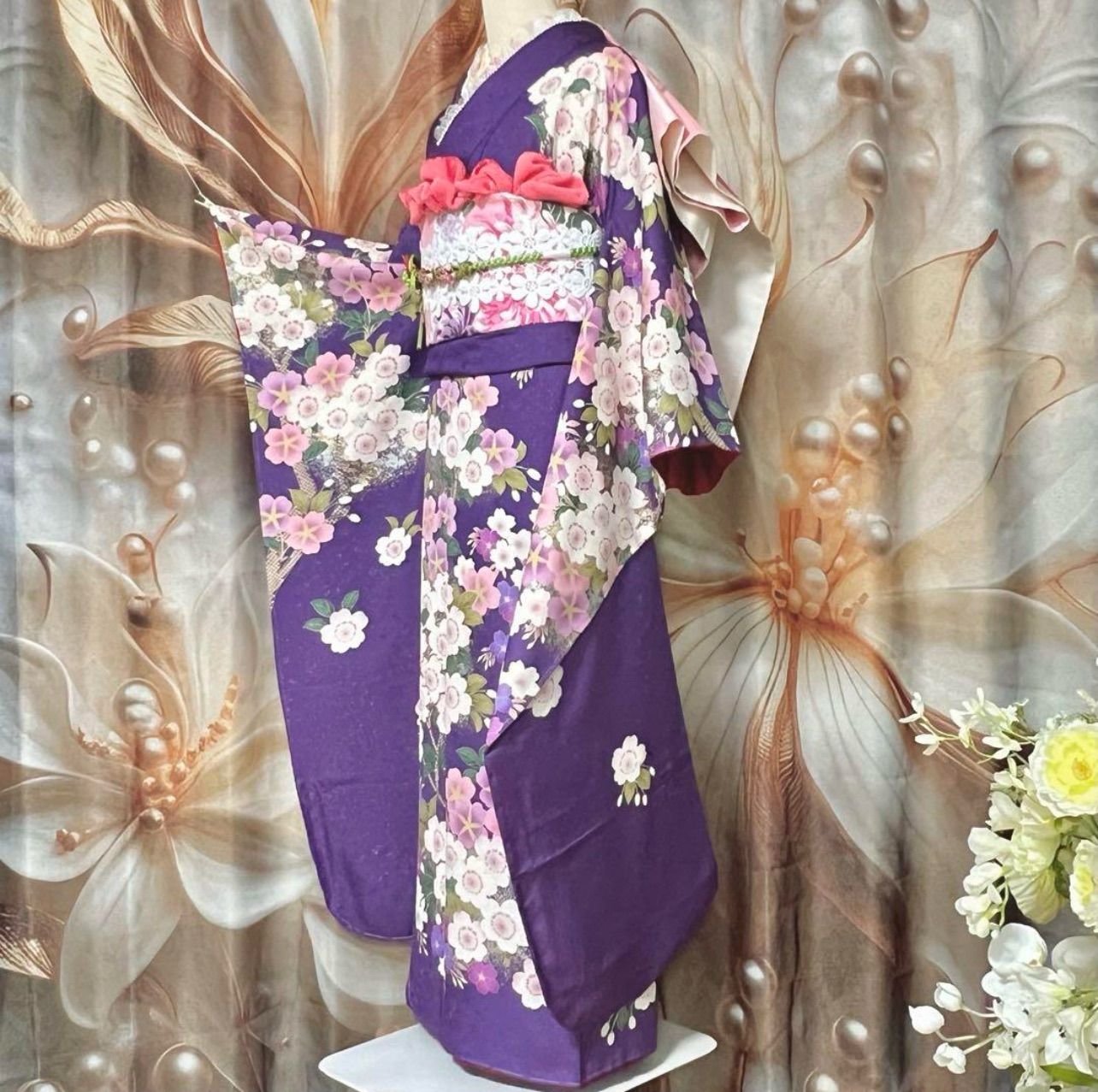 美品 振袖 桜柄 紫色刺繍入り 藤色 レース 薄紫 成人式 振袖