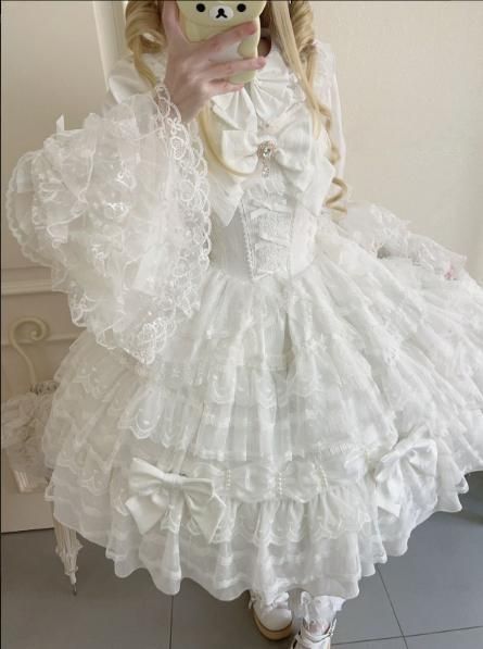 ロリータドレス JSK吊りスカート 多層レース＆リボン装飾 ドール風 甘ロリ 豪華デザイン 撮影会 推し活 イベント用 プレゼントにも最適 ホワイト 冬用 2025