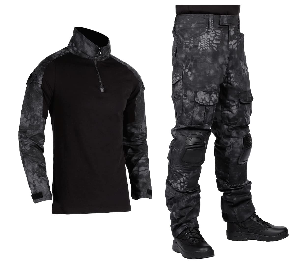 HEAT VOICE サバゲー 服 迷彩服 上下セット 装備 bdu 戦闘服 コンバットパンツ シャツ メンズ レディース ウェア 日本人サイズ エルボーパッド ニーパッド付き XL タイフォン 黒