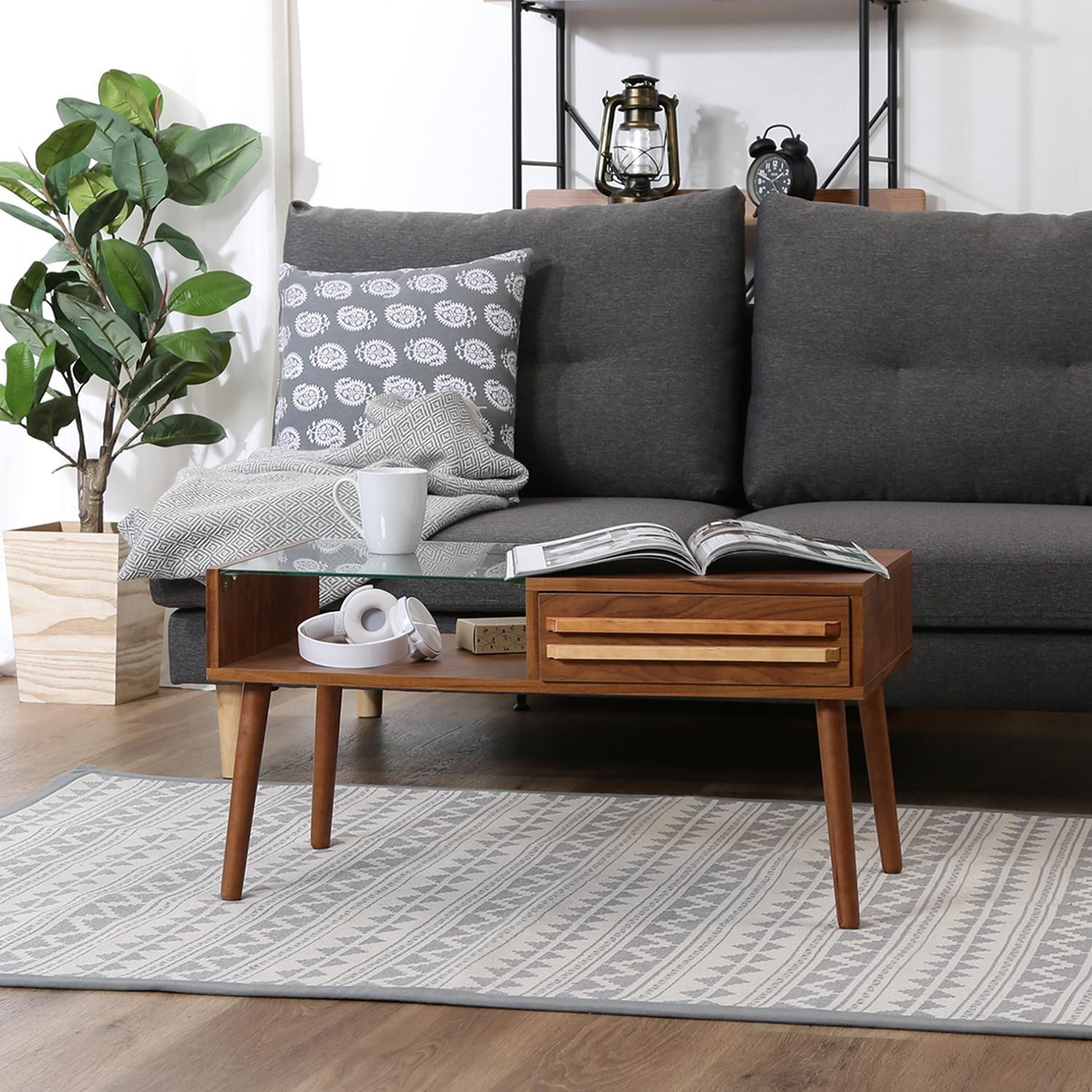 ガラス天板 脚付 センターテーブル ミディアムブラウン 幅80cm リビングテーブル ローテーブル おしゃれ 1人暮らし