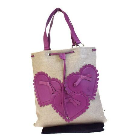 【中古】 超美品 イヴサンローラン YVES SAINT LAURENT トートバッグ ショルダー ハート ベージュ パープル キャンバス レザー 60EB071