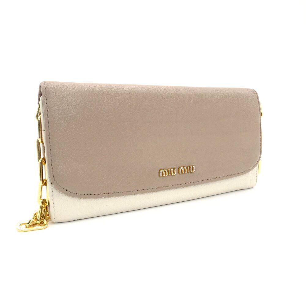 ミュウミュウ MIU MIU チェーン ウォレット ショルダーバッグ ベージュ×オフホワイト レザー ロゴ 7-9-627
