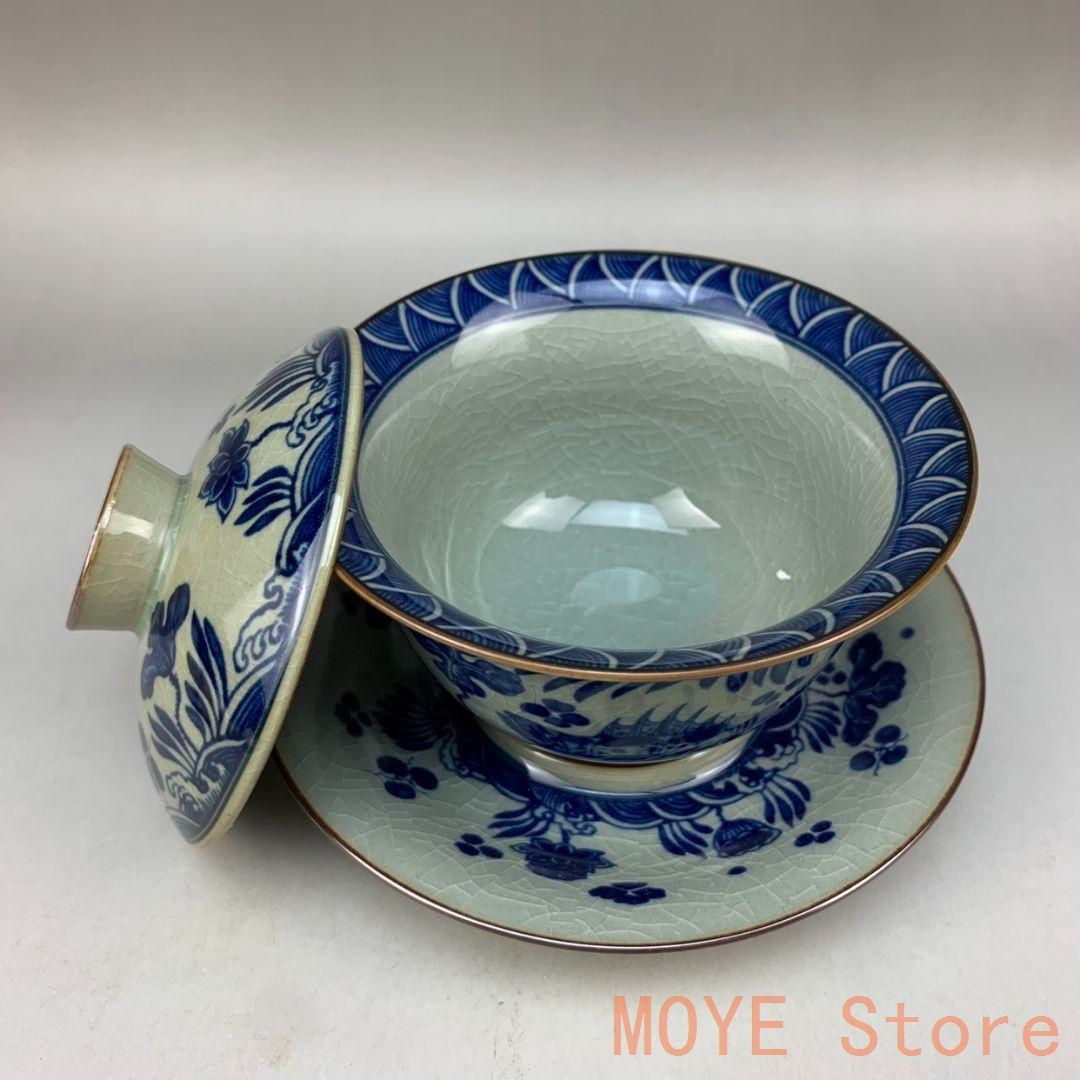 中国茶器 景徳鎮 陶磁器 鯖藻紋開片三才蓋碗 茶道具 工芸品 置物 中国茶器 景徳鎮 陶磁器 鯖藻紋開片三才蓋碗 茶道具 工芸品