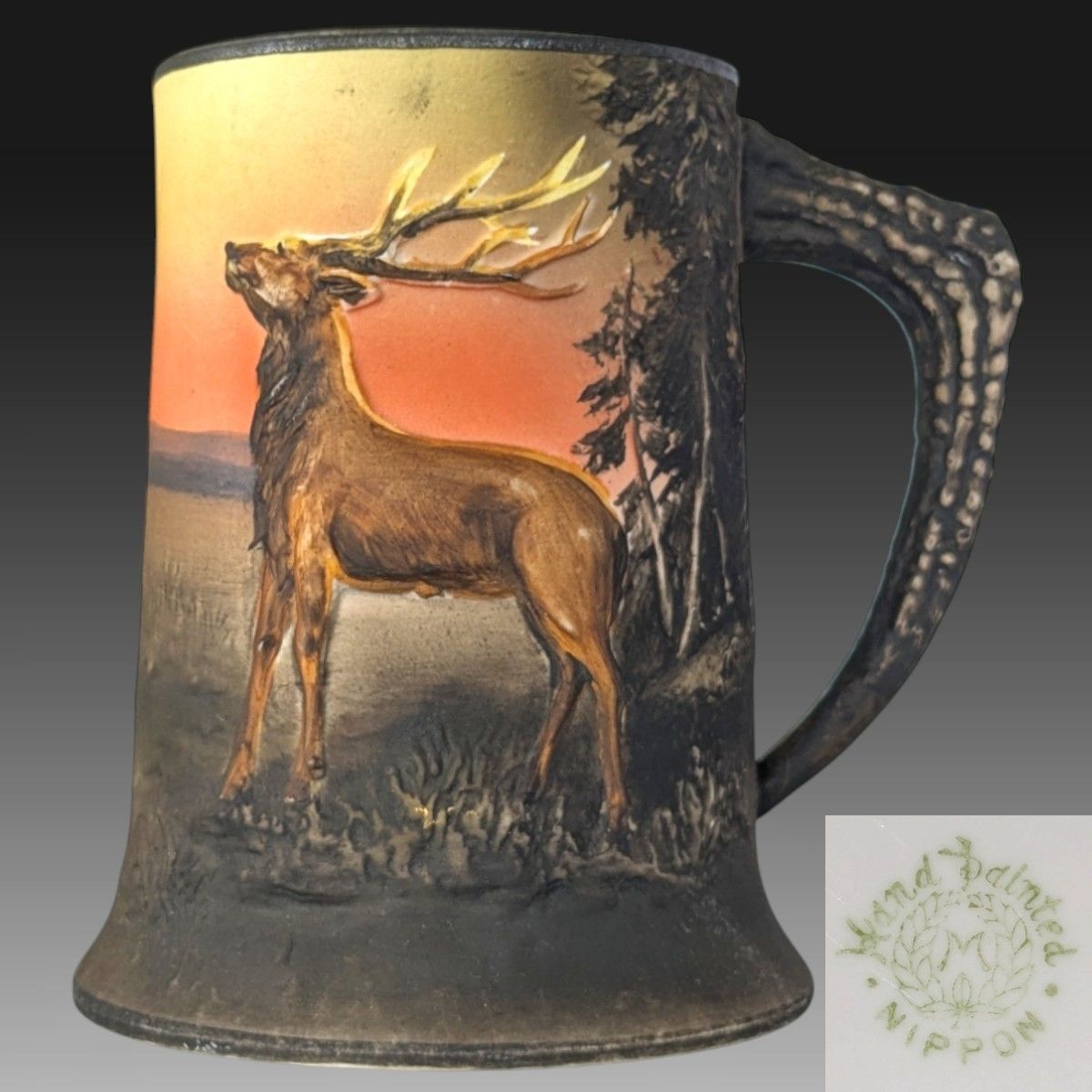 オールドノリタケ銘品 ビアマグ 手描き夕刻時 鹿絵図 立体造形 ハンドペイント M-Nippon印 1910年頃 アンティーク 929
