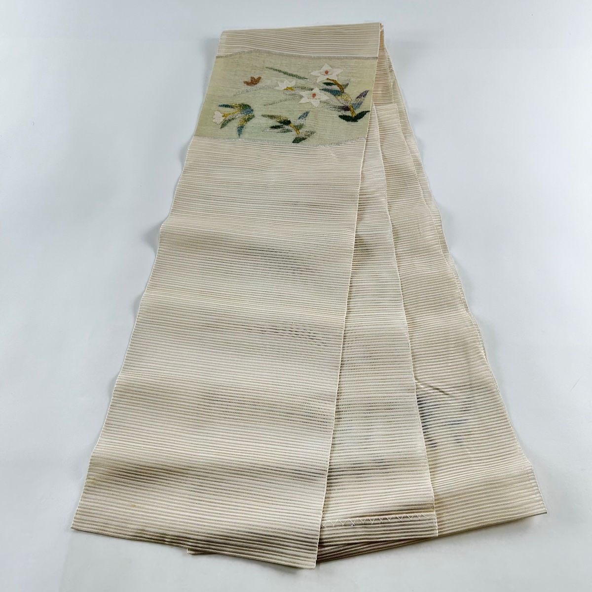 夏帯　名古屋帯　ベージュ　花柄　正絹 名古屋帯 秀品 夏帯 絽 八寸名古屋帯 草花 金銀糸 ベージュ 正絹