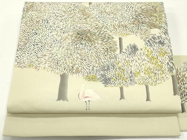 平和屋着物●塩瀬　九寸名古屋帯　手描き　樹林鳥文　木蘭色　正絹　逸品　DAAW6949ob 平和屋着物○塩瀬 九寸名古屋帯 手描き 樹林鳥文 木蘭色 正絹