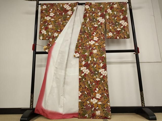 【いあ2412高級縮緬小紋正絹レアカラー】 鬼しぼ縮緬 小紋 カーキ 黒［K080］ | kimono ulala