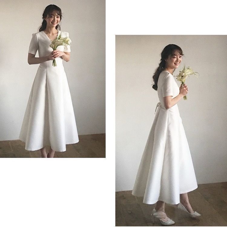 2025ウェディングドレス ロングドレス 二次会 半袖 Vネック サテン 結婚式 前撮り ワンピース シンプル 編み上げ 白 ブライダル 花嫁 ウエ