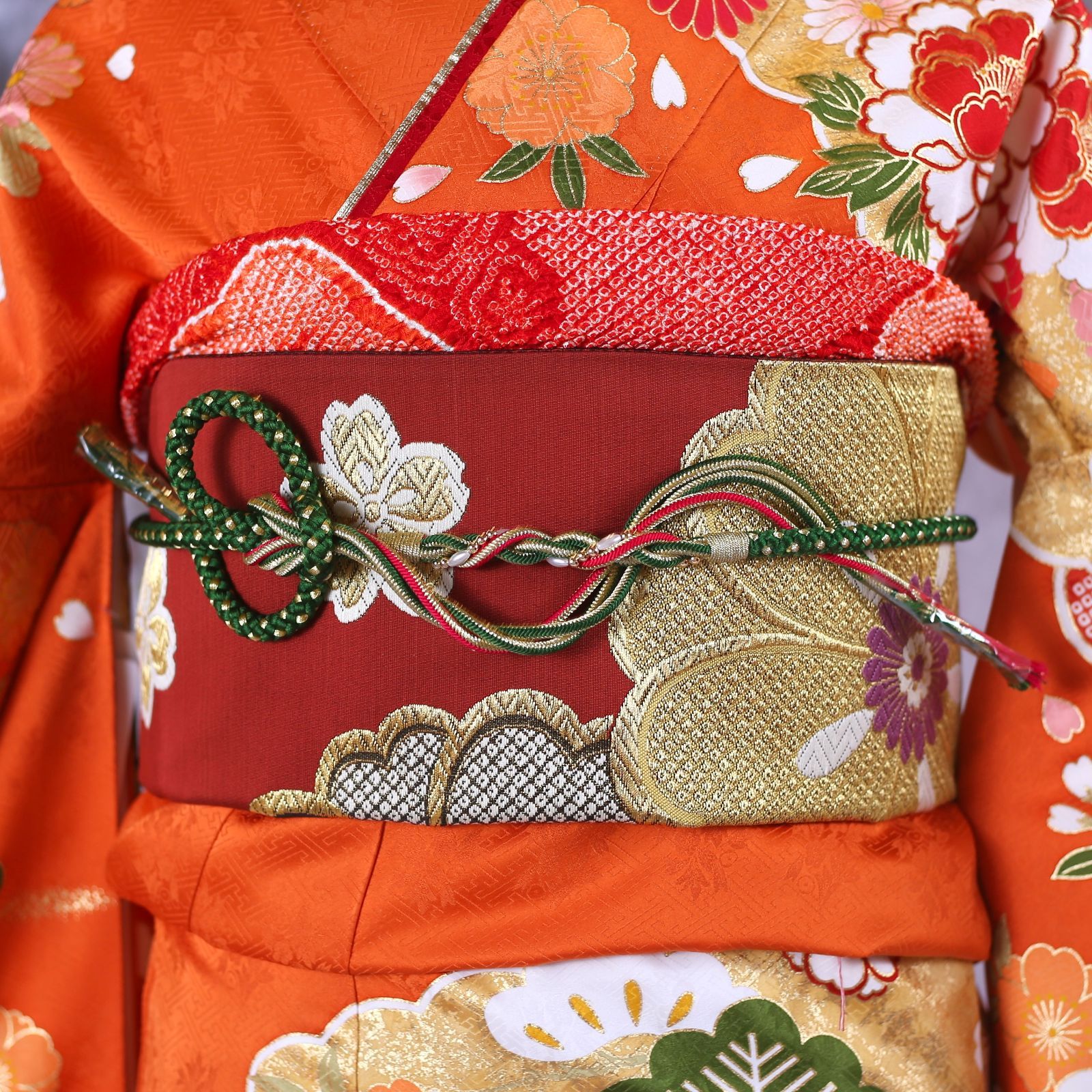 【美品　正絹お振袖　7点フルセット　M～Lサイズ　赤×オレンジ】 振袖フルセット 振袖セット 振袖 Lサイズ オレンジ×古典柄 美品