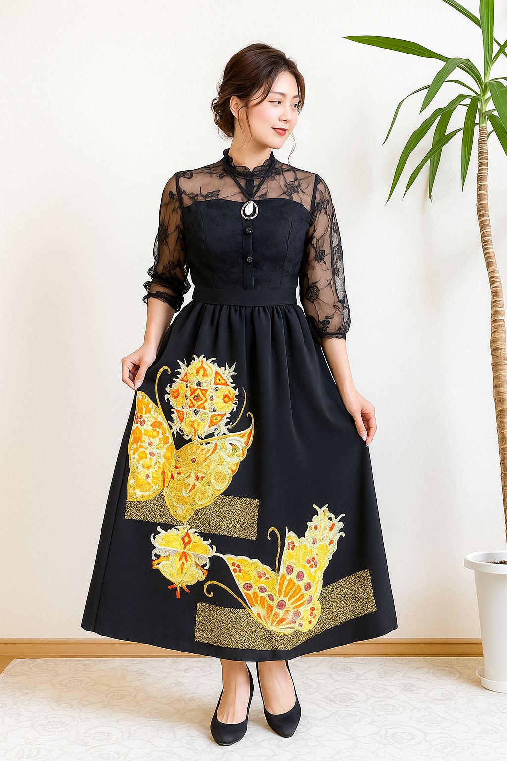 大人可愛いセレブ着物スカートフリーサイズ1点物黒留袖着物リメイクウエストゴムロングスカートフリーサイズ送料込みハンドメイドNO.5768