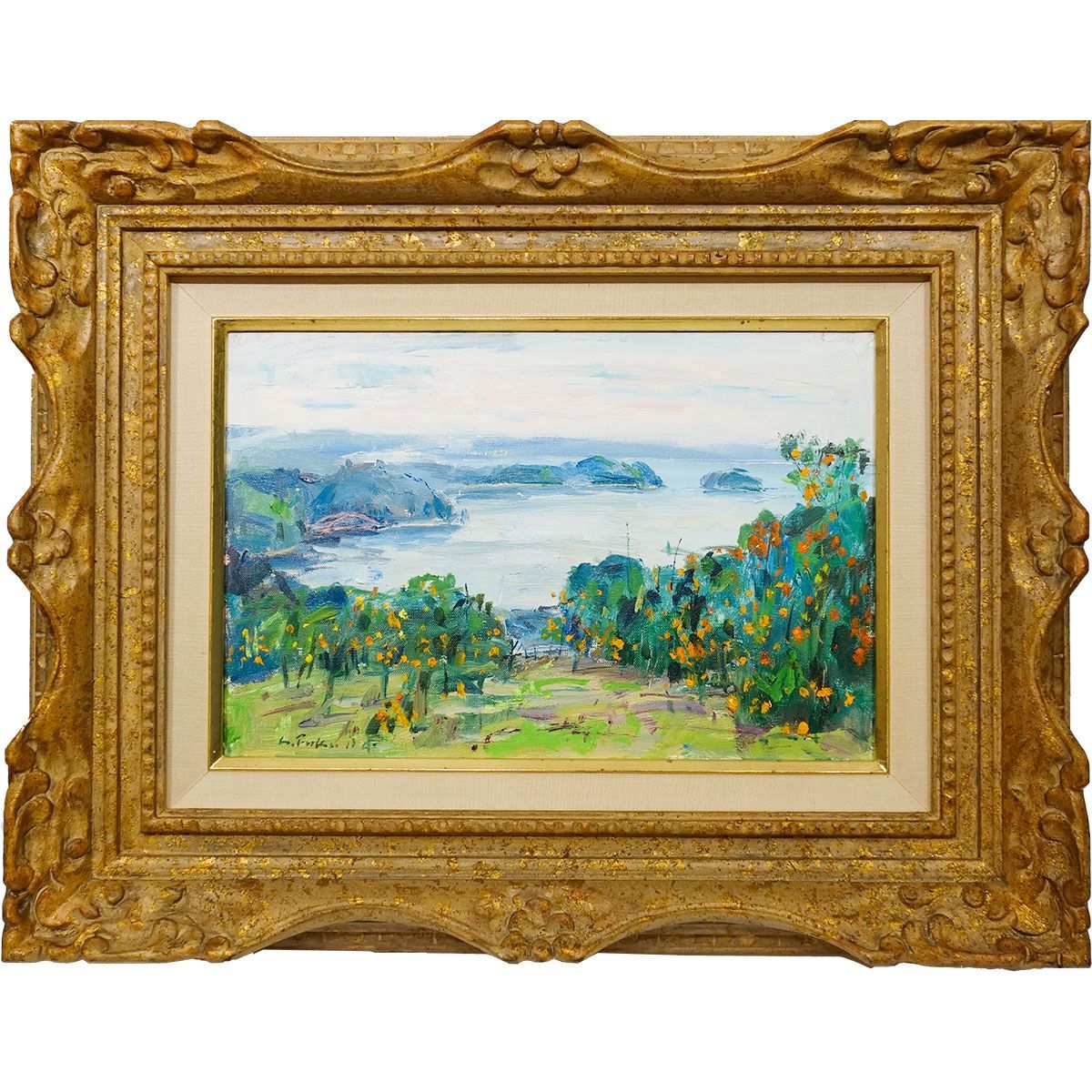 油彩画 P4号 福田俊三 初冬浜名湖遠望 額入り 油絵 真筆 手描き 肉筆 風景画 ミカン畑 三ケ日みかん 白日会 赤い橋 よこ長の絵 YE522