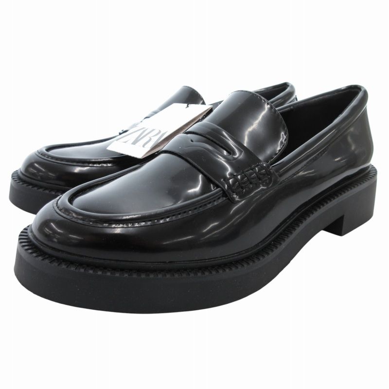 ☆美品☆【ZARA 】ザラ　ローファー　エナメル 厚底　ブラック　38 ザラ ZARA タグ付き コインローファー 厚底シューズ エナメル 38 黒