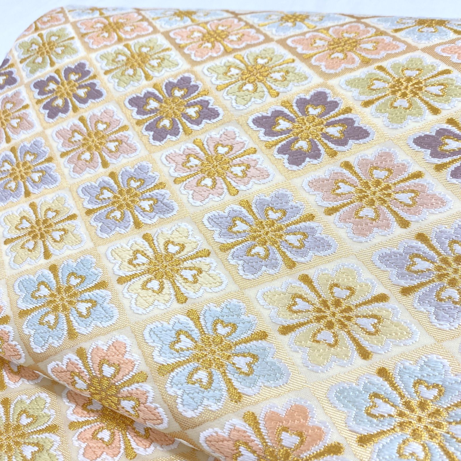 お仕立上がり ハイブランド 河合美術 正絹 西陣織 唐織 袋帯 花菱1 obx81