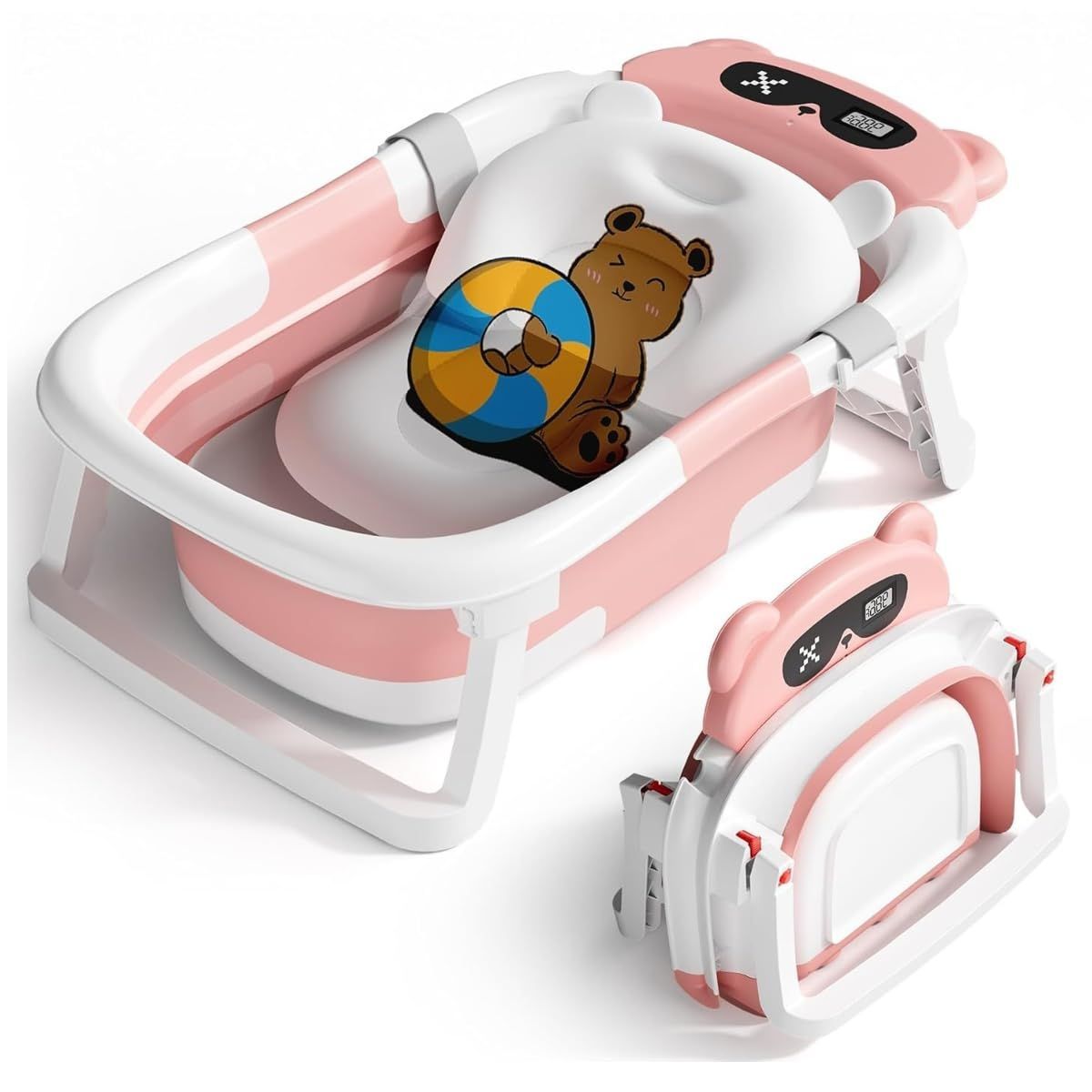 SHAKE BEARR ベビーバス 折りたたみ式 ベビー用浴槽 湯温計 バスクッション付き 赤ちゃん 新生児 沐浴 ベビー お風呂 0~6歳 バスタブ コンパクト 水抜栓付 赤ちゃん用 出産祝い ギフト (ピンク)
