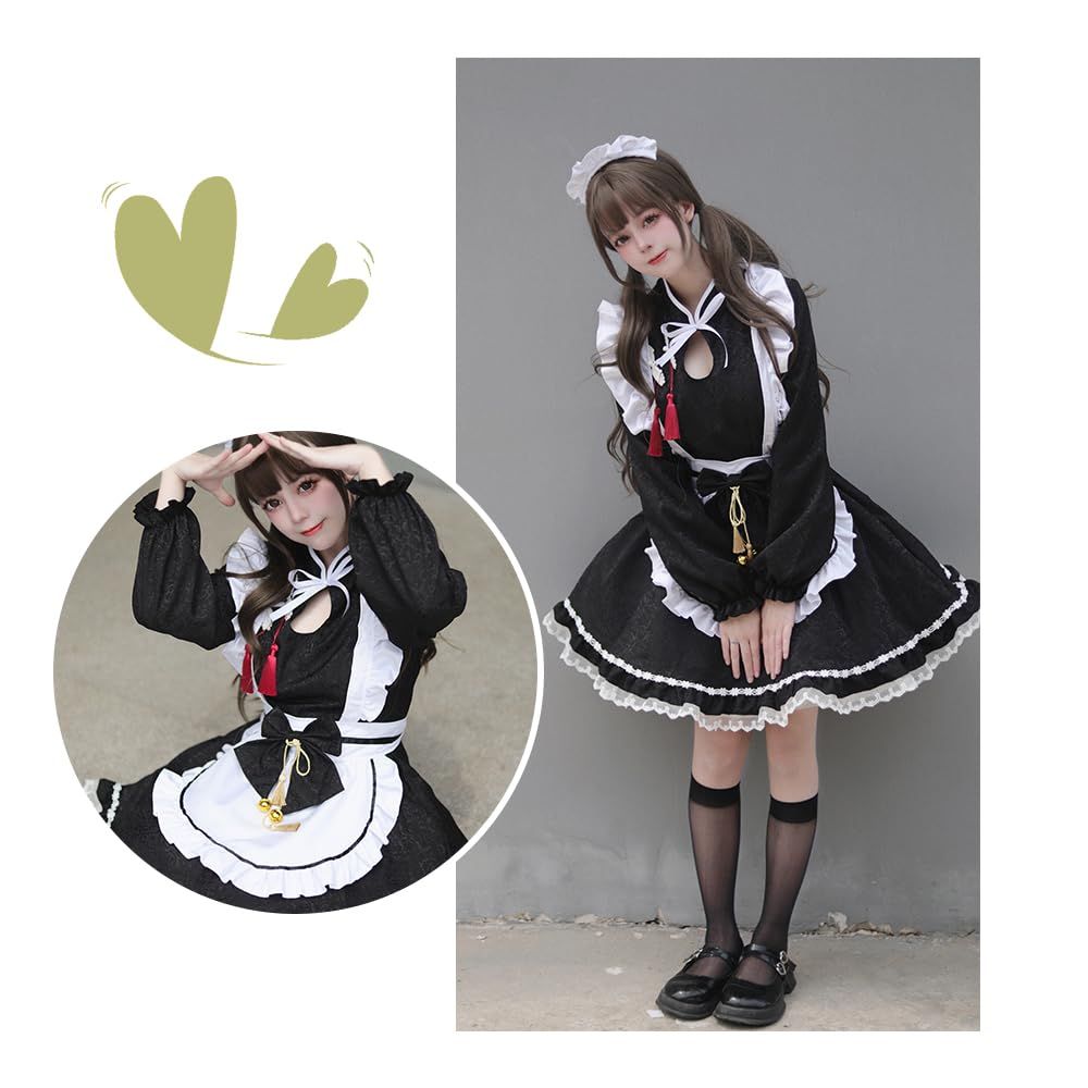 ロリ　胸 メイド服 コスプレ ハロウィン 仮装 ロリータ ロリ [RPFLQ] 蝶結ぶ 胸空き コスチューム レディース エプロン 衣装 長袖 半袖 フリル  可愛い 萌え 撮影 学園祭 イベント 活動 ヘアバンド ニーハイソックス付き - メルカリ