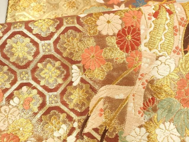 平和屋着物●佐賀錦　六通柄袋帯　唐織　御所車花松文　金糸　正絹　逸品　DAAX5654cm 平和屋着物○佐賀錦 六通柄袋帯 唐織 御所車花松文 金糸 正絹 逸品