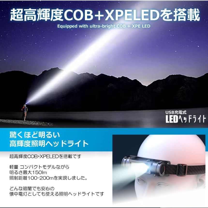 LEDヘッドライト USB充電 人感センサー 防水 登山 キャンプ 夜釣り