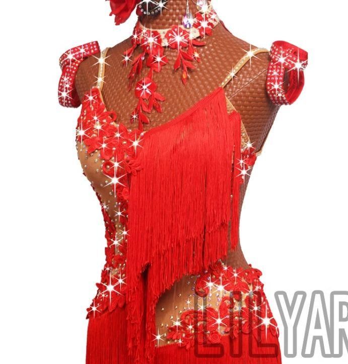 ラテンドレス ラテンワンピース ダンス衣装 レッド 刺繍 ラテンドレス ラテンワンピース ダンス衣装 レッド 刺繍
