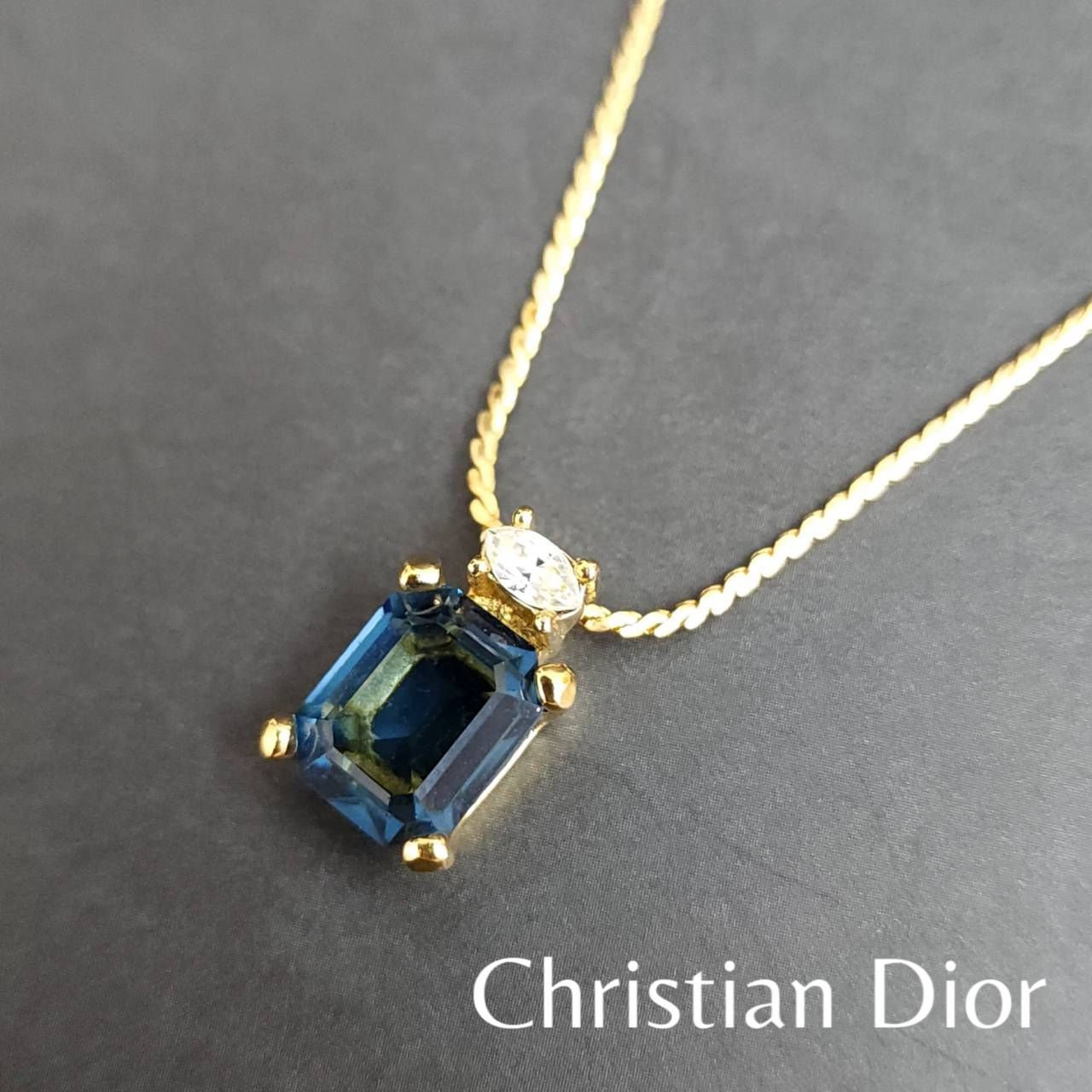 Christian Dior クリスチャンディオール ネックレス ブルー ラインストーン ゴールドカラー アンティーク アクセサリー ヴィンテージ  ブランド小物 デザイン