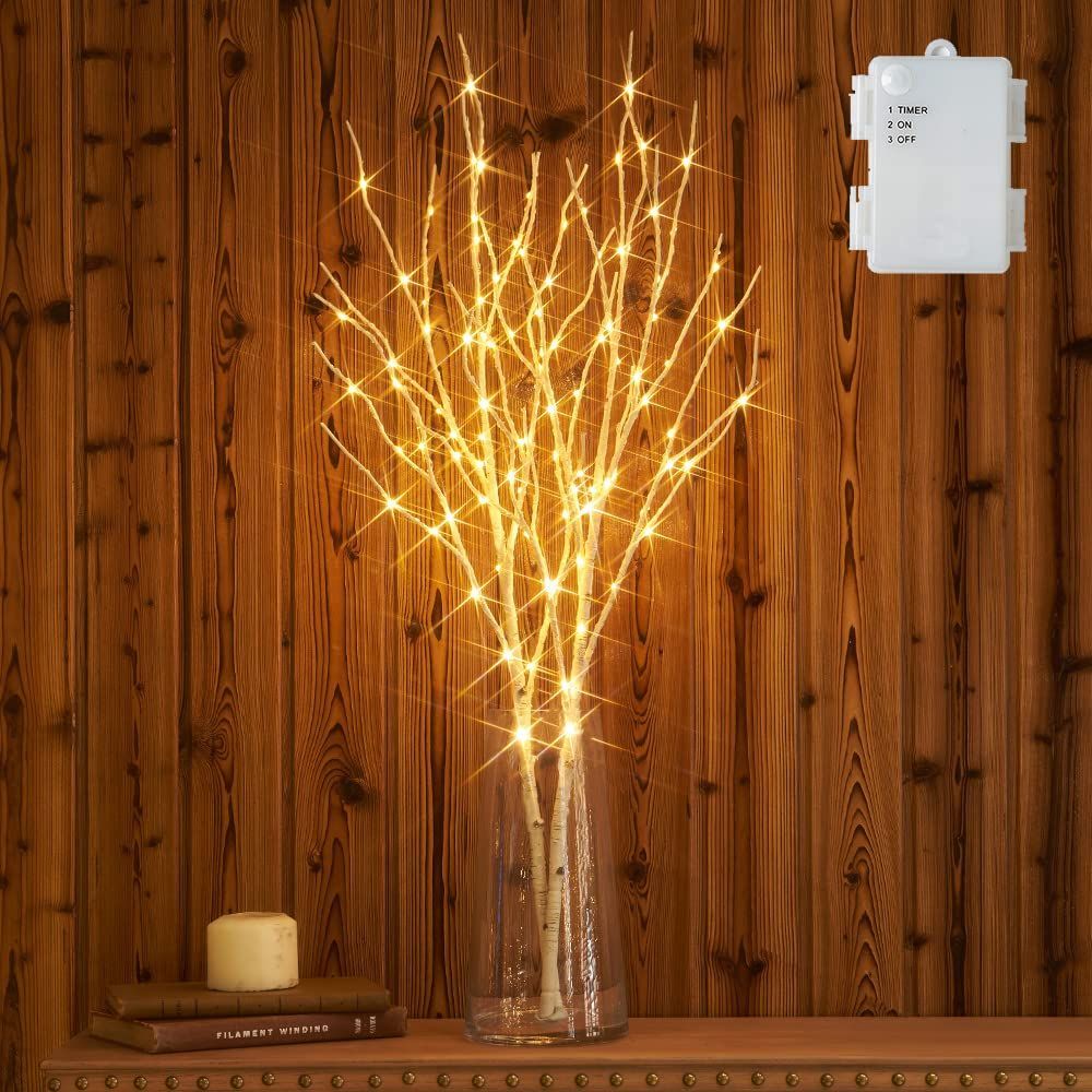 【数量限定】ブランチツリー ストリングライト 間接照明 オシャレ 電池式 イルミネーション 北欧風 80cm タイマー機能 枝 100LED 防水 白樺 白(花瓶が含まない) Hairui