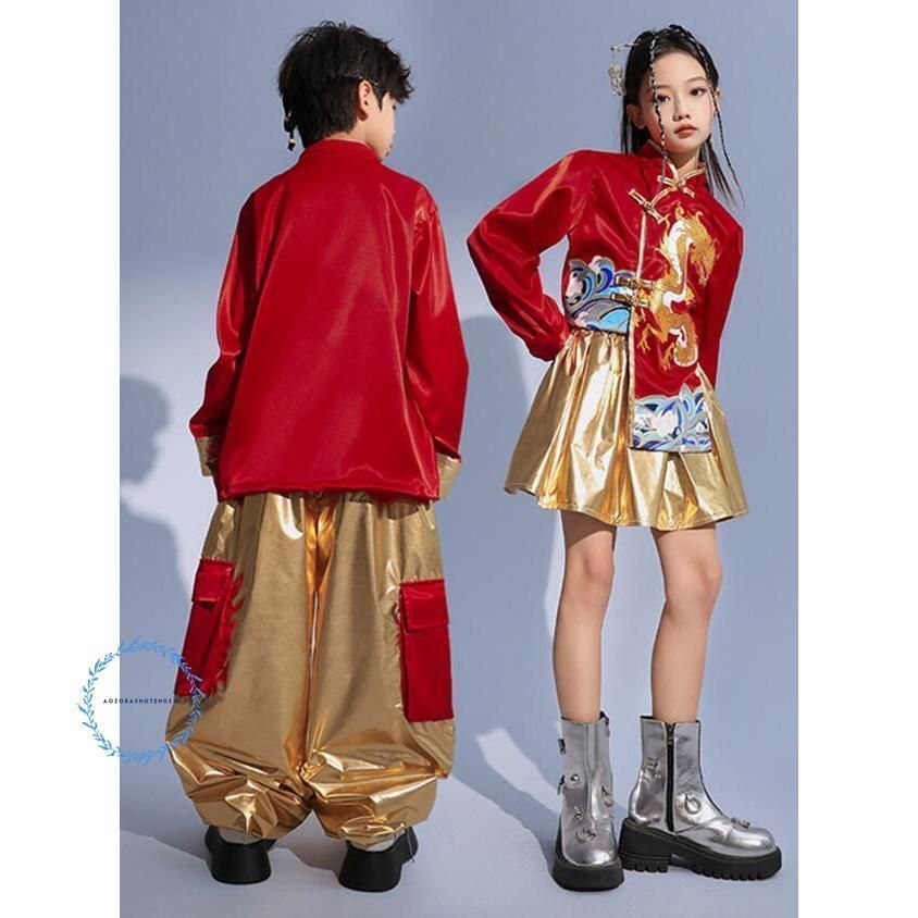 ヒップホップ中華ダンス衣装 龍柄プリント