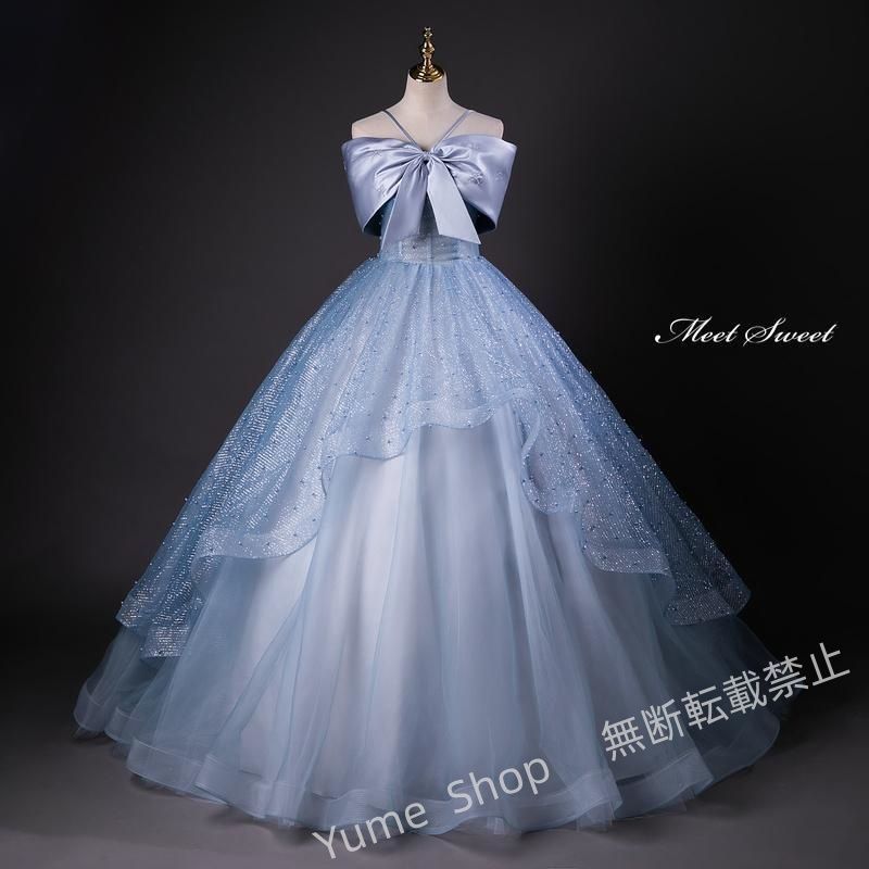 ♥ カラードレス プリンセスライン ロングドレス ブルー フリル リボン パール ウェディングドレス 結婚式 二次会 花嫁 前撮り 演奏会 発表会 ステージ衣装 nhdw119