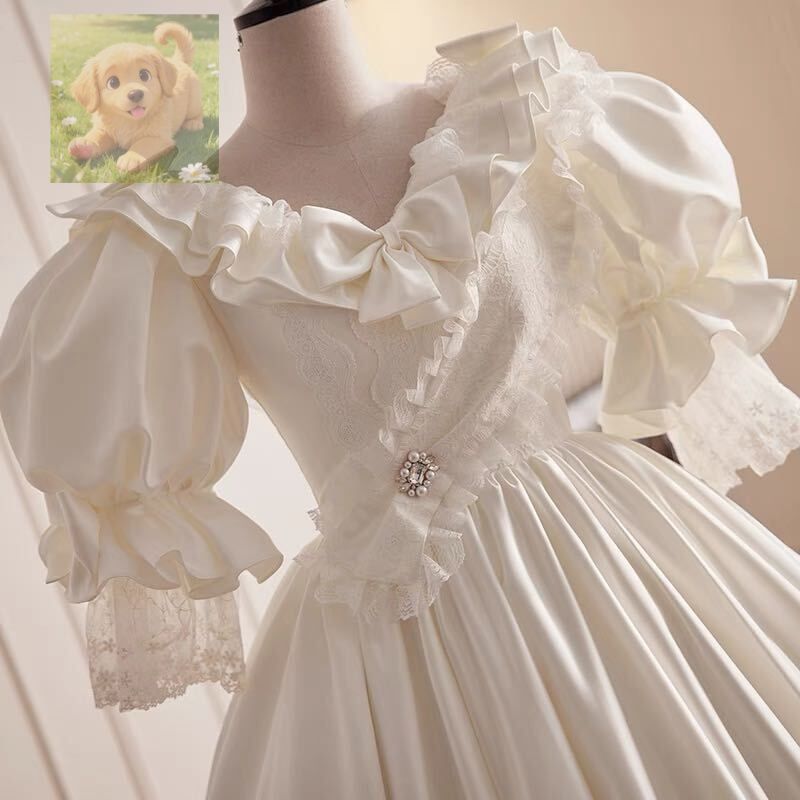 結婚式挙式前撮りパーティードレス花嫁カラードレス結婚式 ロングドレス 宮廷パフ袖可愛いパニエ小物付属