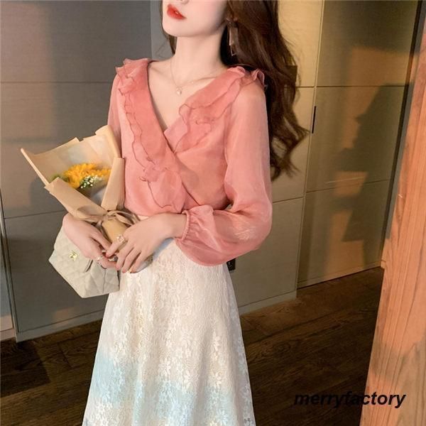 ブラウス レディース 長袖ブラウス バルーンスリーブ袖 ブラウス 重ね着風 Vネック フェミニン 秋服 新作 結婚記念日 送料無料 春の新作ブラウス レディース 長袖ブラウス バルーン