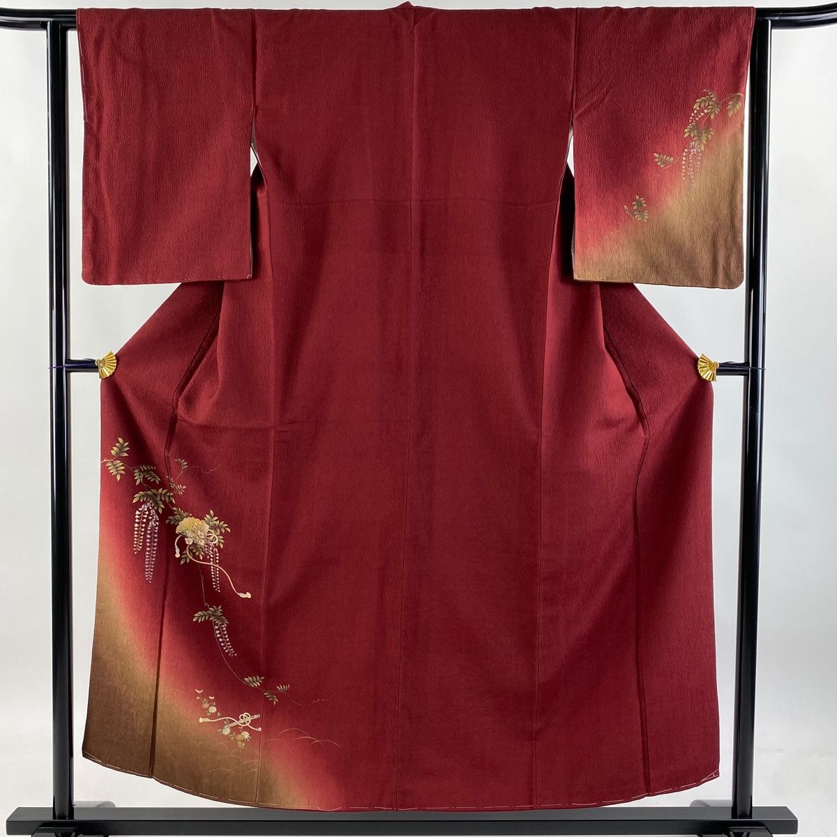 付下げ 身丈153.5cm 裄丈62.5cm S 袷 やまと 檜扇 藤 金銀彩 染め分け えんじ色 正絹 秀品