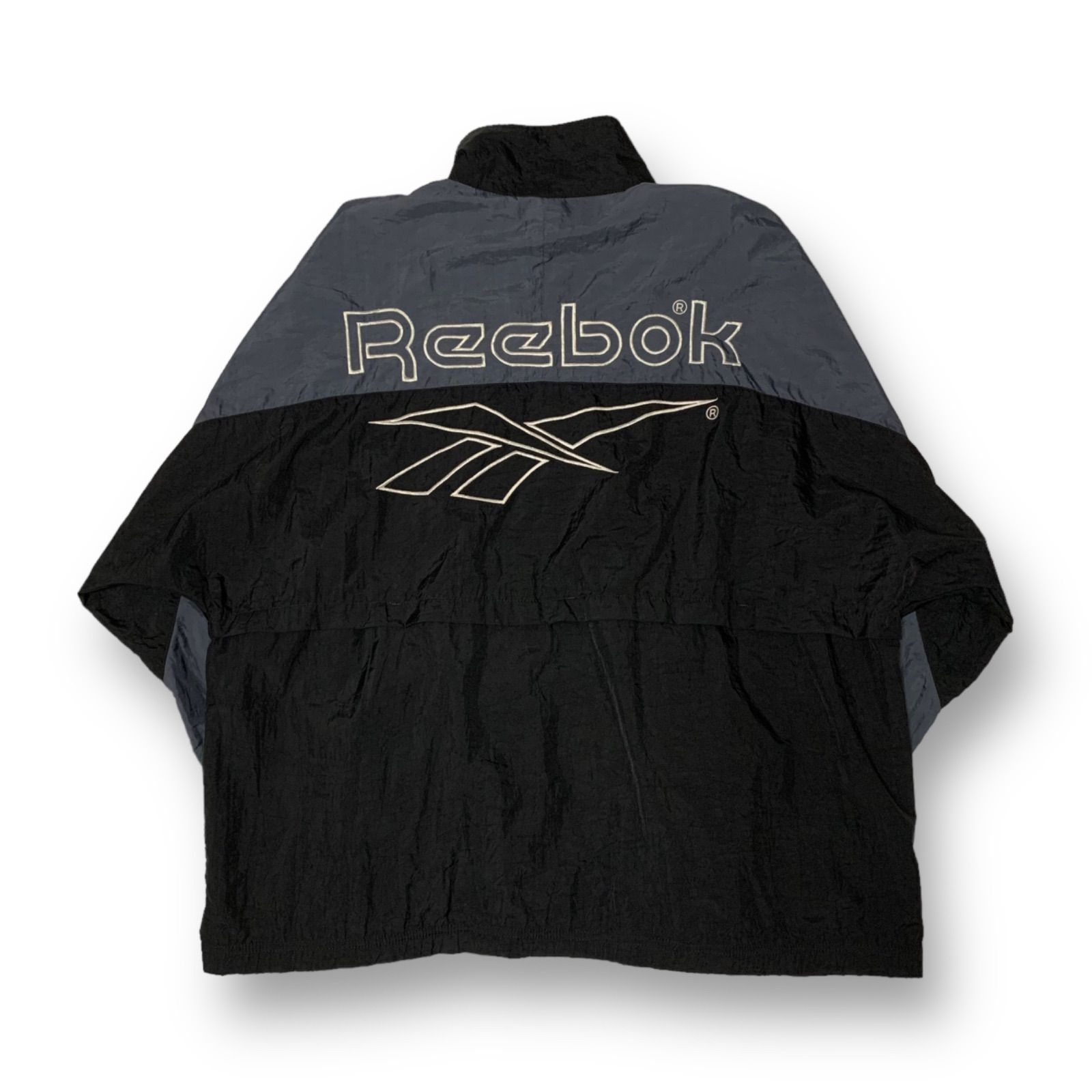 90s Reebok Vector Logo Nylon Jacket リーボック ナイロンジャケット ブラック グレー Lサイズ ベクターロゴ  ロゴ刺繍 背面ビッグロゴ Y2K テックウェア ストリート