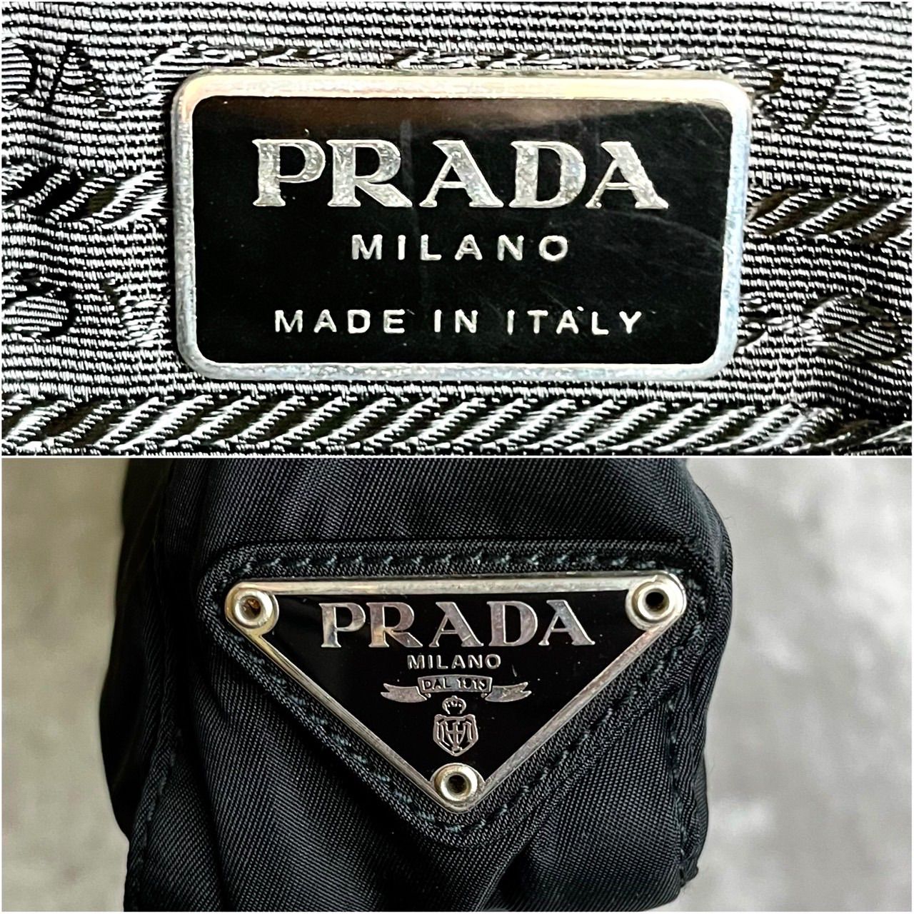 ✨極美品✨ PRADA プラダ トートバッグ ハンドバッグ 三角ロゴプレート シルバー金具 総柄 ロゴ型押し 白タグ テスートナイロン 肩掛け ユニセックス レディース メンズ ブラック 黒色