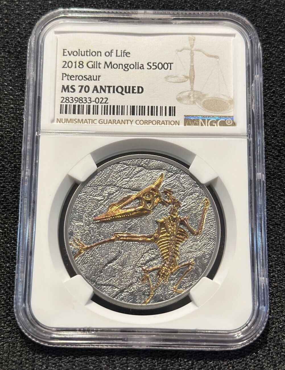 2018 Mongolia Pterosaur 1oz .999 Silver Coin NGC MS70 Antique Finish