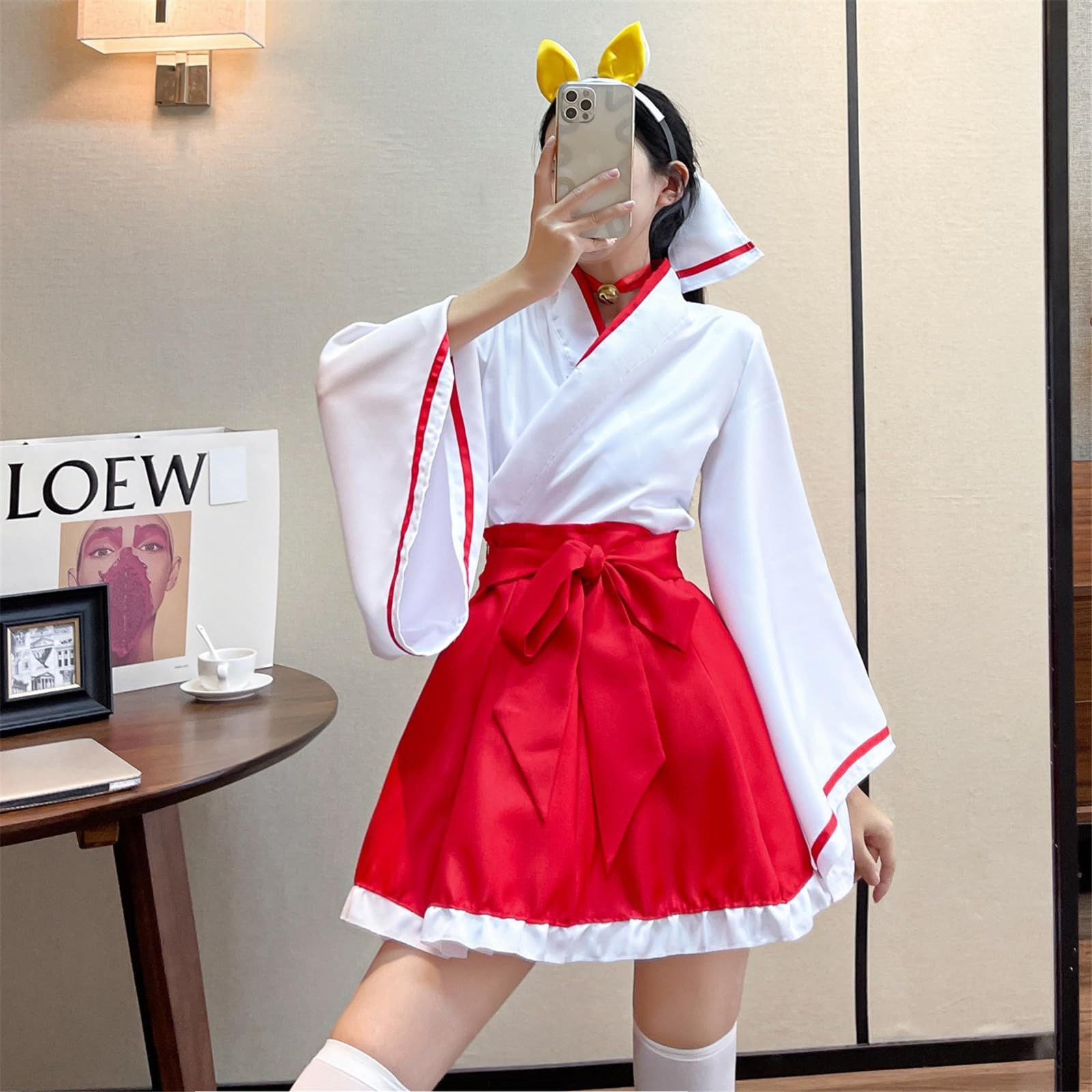 【数量限定】ゆったり レディース 可愛い 和服 蝶結び 和風 コスプレ ハロウィン 神社巫女 コスチューム 仮装 巫女服 学園祭 白 夢のなかの 赤 [LanBuff] 衣装