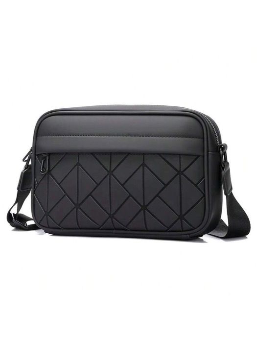 バッグ メンズ ショルダーパック 1個 ひし形パターンの光沢ある黒マットPU防水反射ジッパー付きカジュアルクロスボディメッセンジャーバッグ 若者用